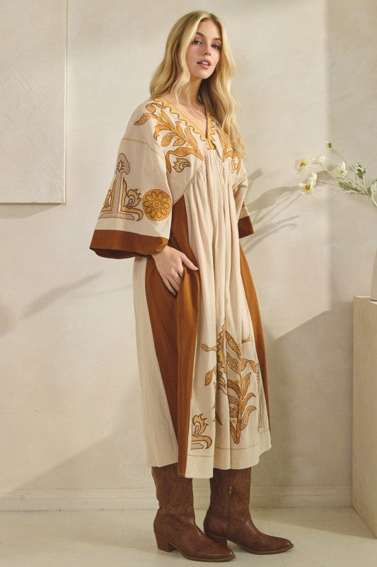 Vintage Embroidery Dress Brown