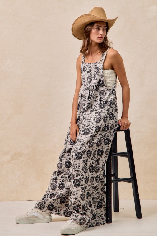 Washed Rose Print Denim Overalls Grey/Black