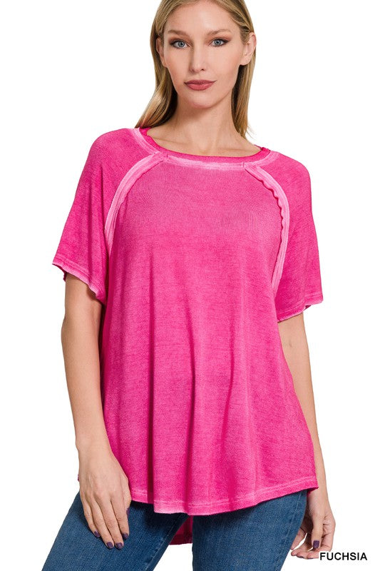 Mineral Washed Boat Neck Top Fuchsia