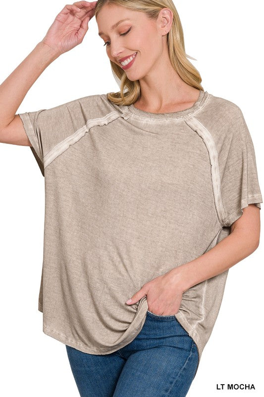 Mineral Washed Boat Neck Top Mocha