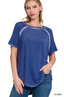 Mineral Washed Boat Neck Top Navy