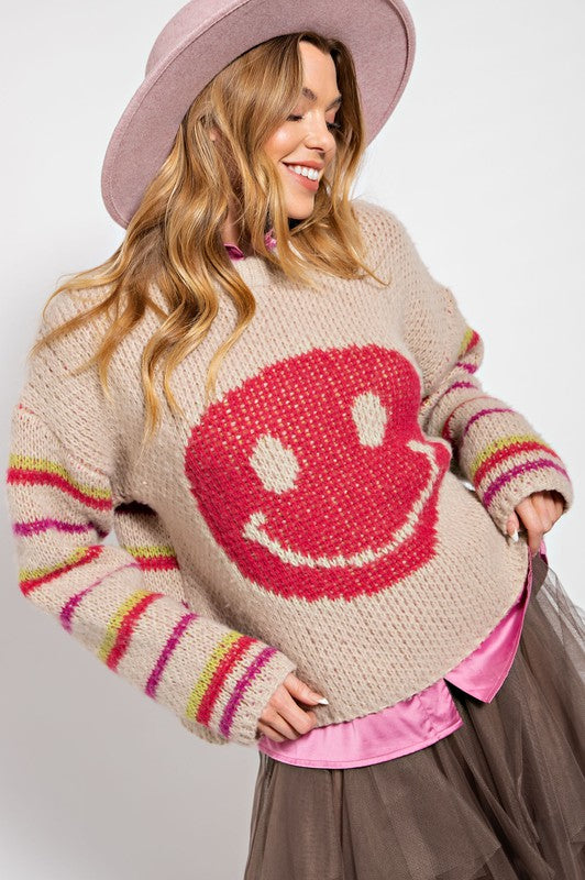 Smiley Face Patterned Sweater Top Oatmeal