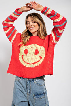 Smiley Face Patterned Sweater Top Tomato