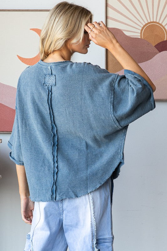 Washed Knit Relaxed Crop Top Blue