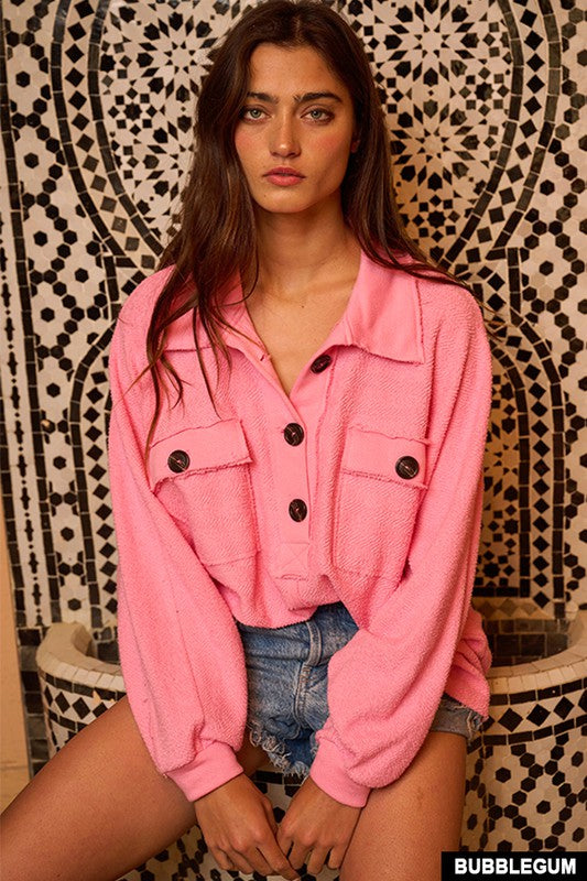 French Terry Knit Collared Top Bubble Gum