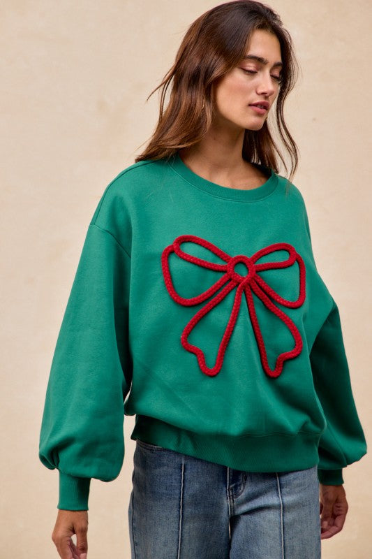 Bow Braid Top Balloon Sleeves Hunter