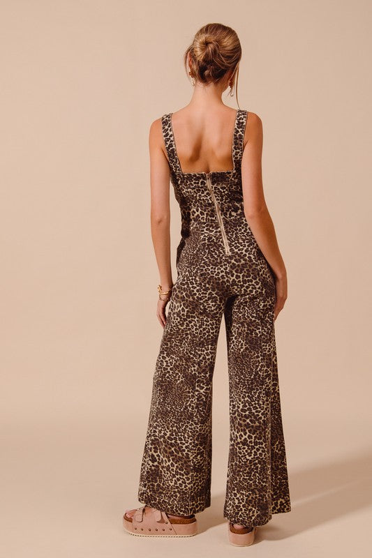 Washed Wide Leg Pocket Jumpsuit Leopard