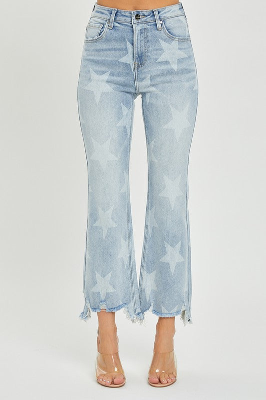 High Rise Star Print Straight Jeans Light Denim