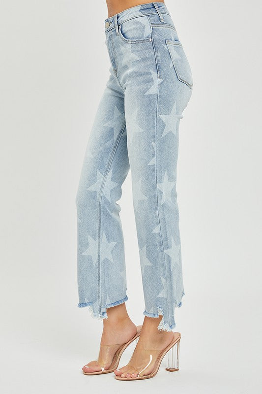High Rise Star Print Straight Jeans Light Denim