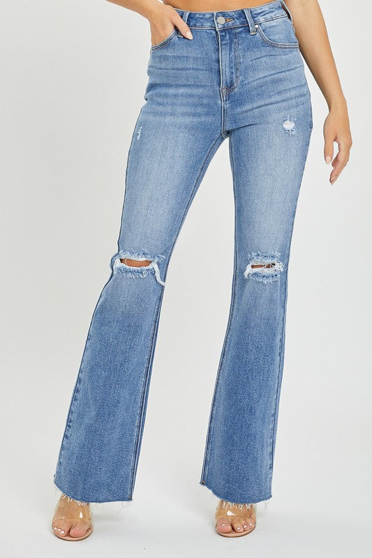 High Rise Distressed Flare Jeans Medium Denim