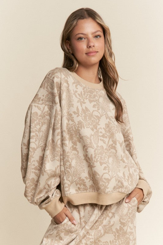Floral Print Drop Shoulder Sweater Taupe