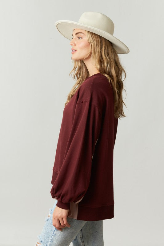 Color Block French Terry Pullover Burgundy