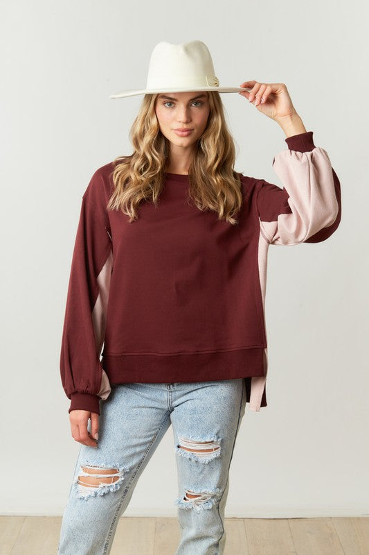 Color Block French Terry Pullover Burgundy