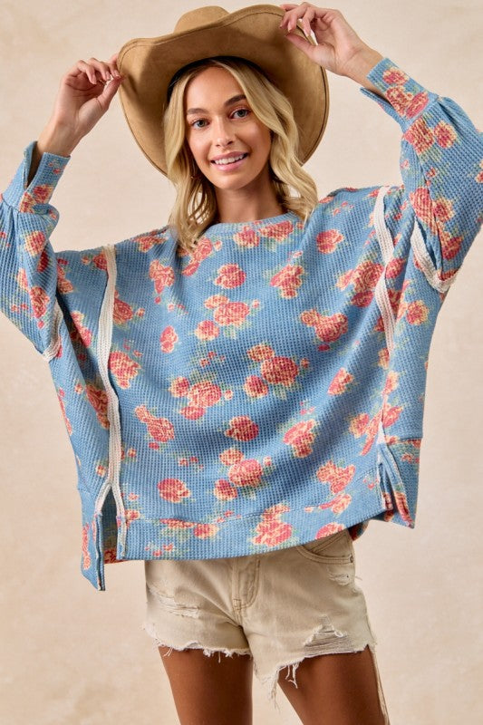 Floral Print Oversized Waffle Thermal Top Denim