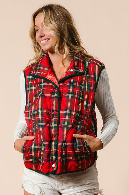 Vintage Christmas Plaid Quilting Vest Red