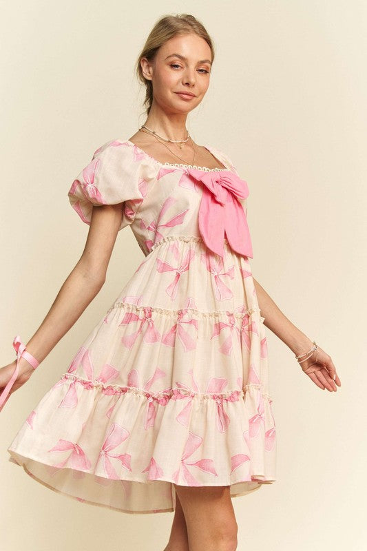 Bow Printed Tiered Dress Pink