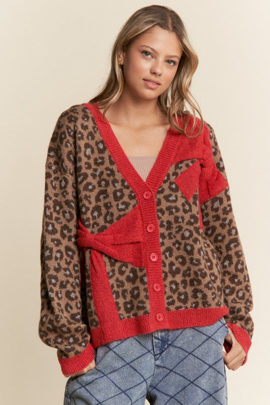 Bow Cardigan Cheetah Print Red