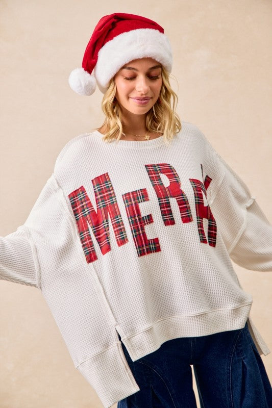 Christmas Plaid Merry Lettering Waffle Top White