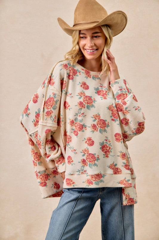 Floral Print Oversized Waffle Thermal Top Oatmeal