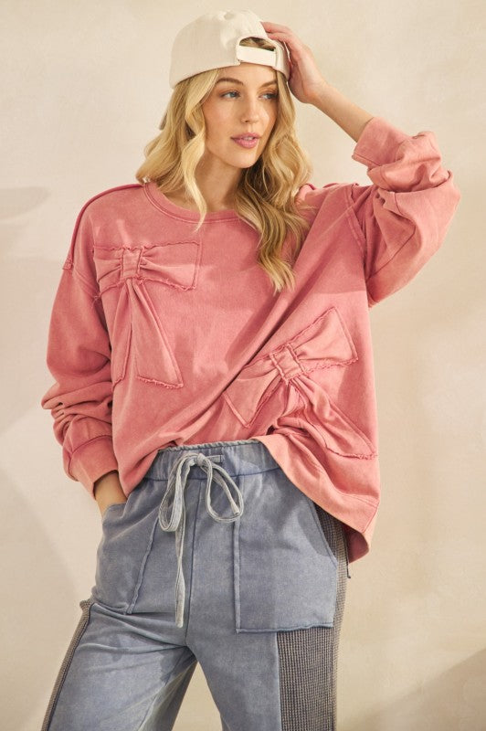 French Terry Bow Detail Sweatshirt Top Mauve