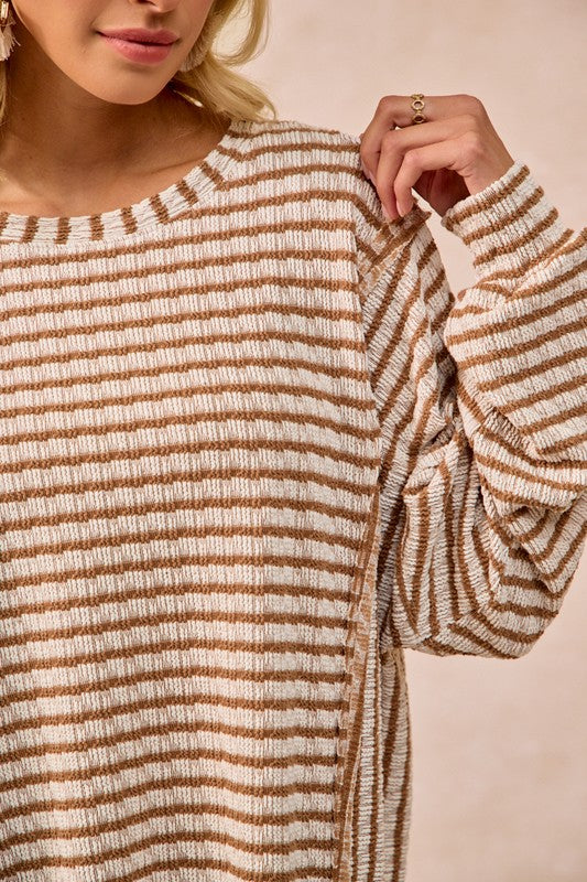 Textured Stripe Knit Open Seam Top Camel