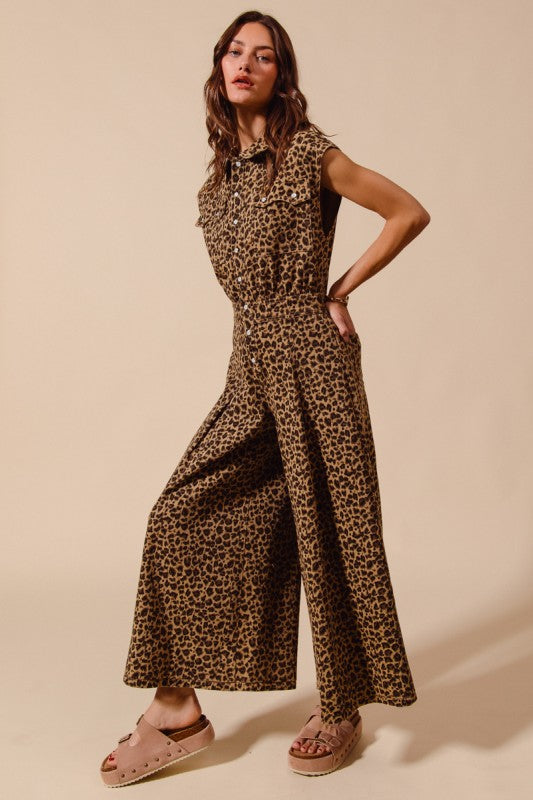 Wide Leg Overalls Jumpsuit Leopard