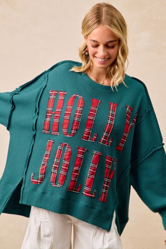 Christmas Plaid Holly Jolly Lettering Top Green