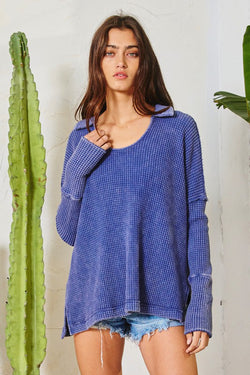 Mineral Washed Waffle Knit Top Navy