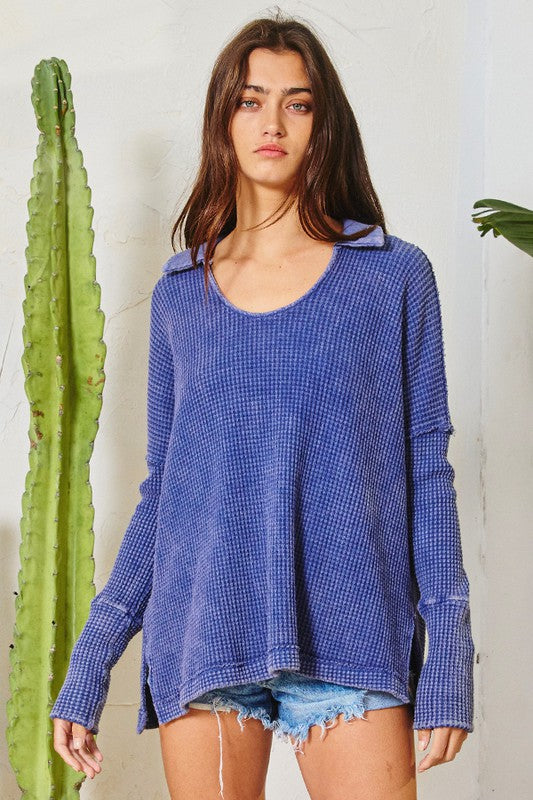 Mineral Washed Waffle Knit Top Navy