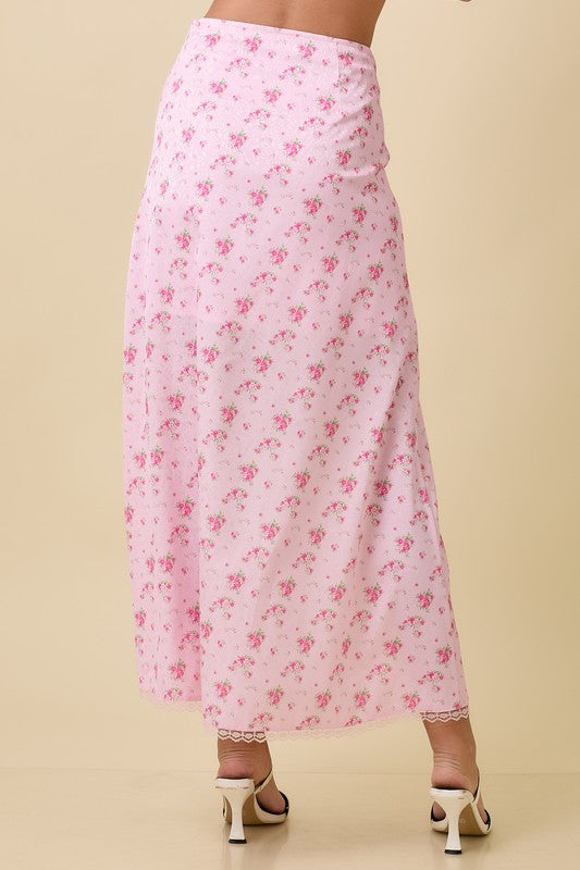 Satin Floral Midi Skirt Pink