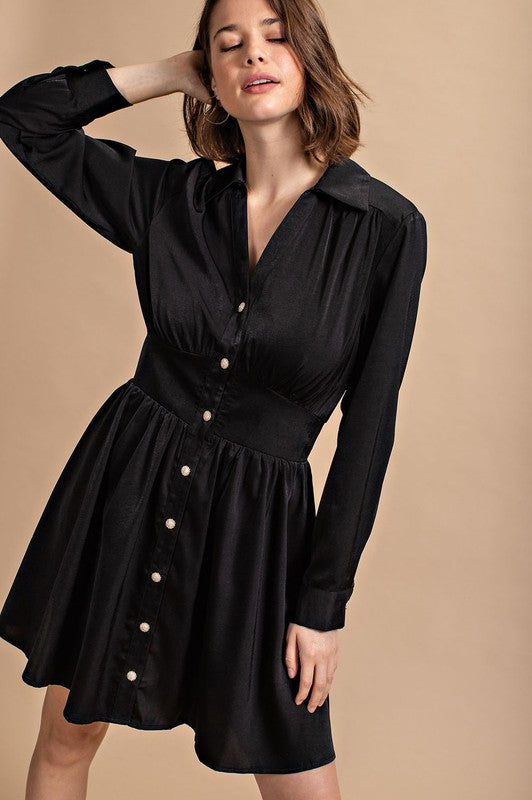 Satin Jewel Button Down Shirt Dress Black