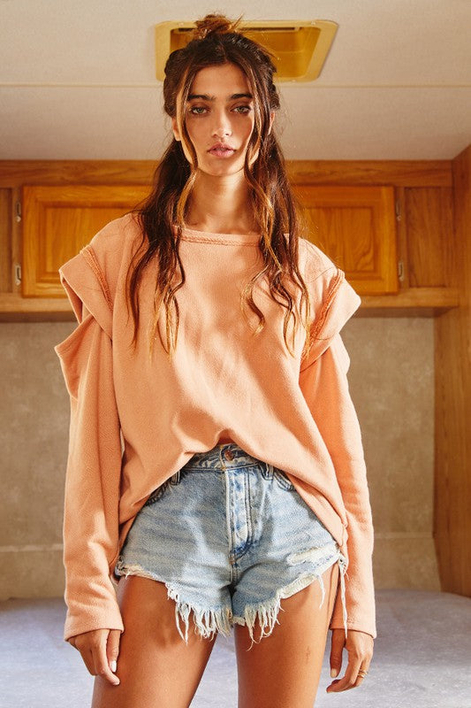 Cut Out Sleeve Raw Edge Top Salmon