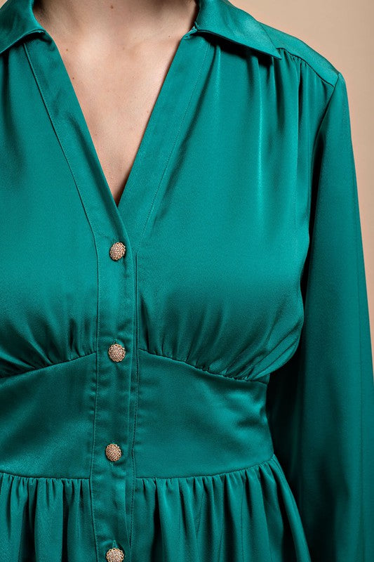 Satin Jewel Button Down Shirt Dress Jade