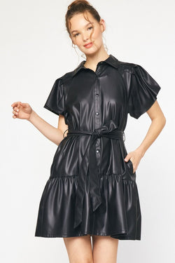 Faux Leather Button Down Mini Dress Black