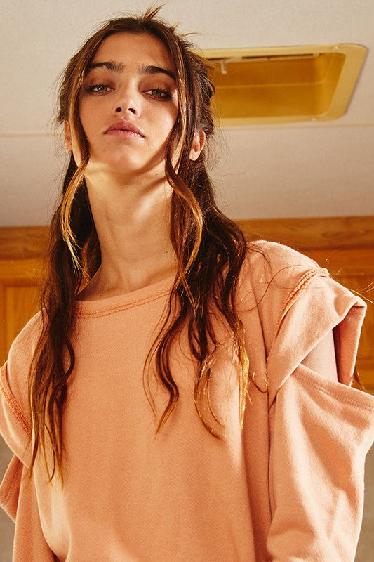 Cut Out Sleeve Raw Edge Top Salmon