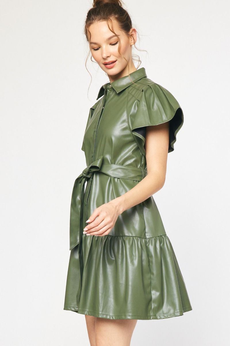 Faux Leather Button Down Mini Dress Olive