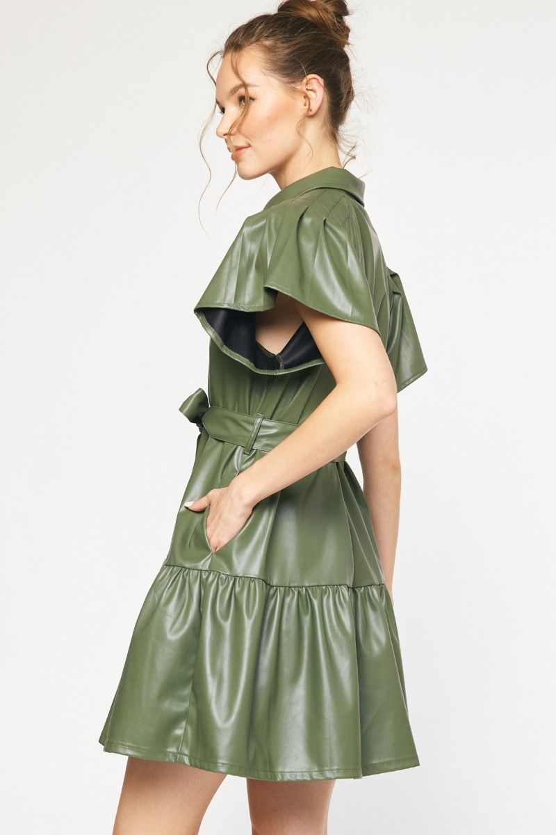 Faux Leather Button Down Mini Dress Olive