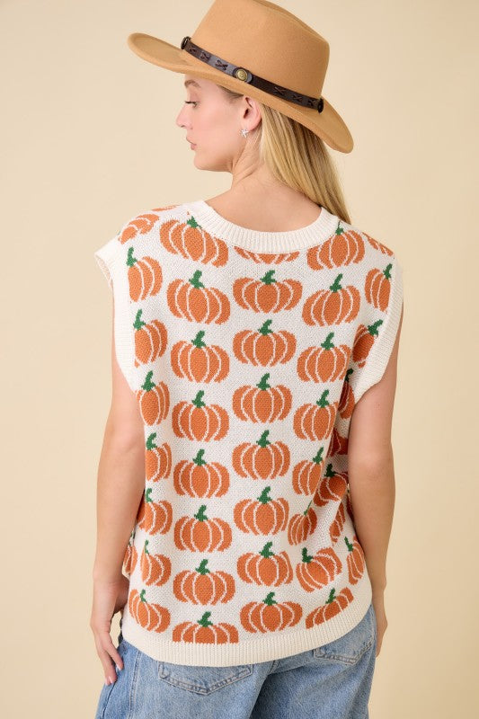Pumpkin Print Sleevless Sweater Knit Top Ivory