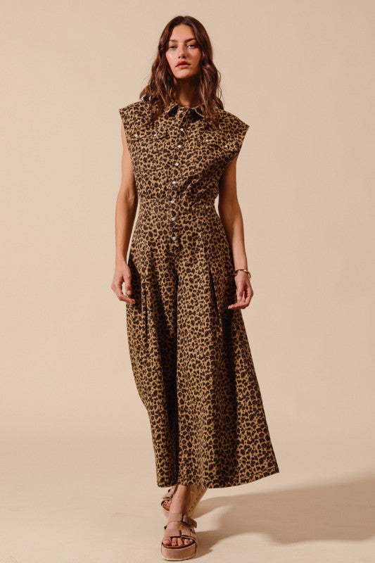 Wide Leg Overalls Jumpsuit Leopard