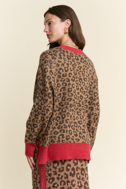 Multi Color Knit Sweater Top Leopard Brown
