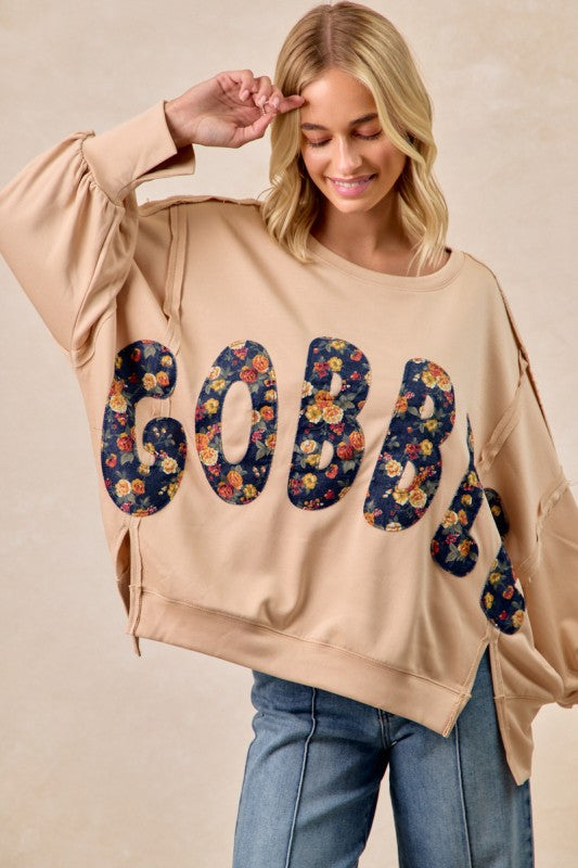 Thanksgiving Gobble Letter Patches Top Latte