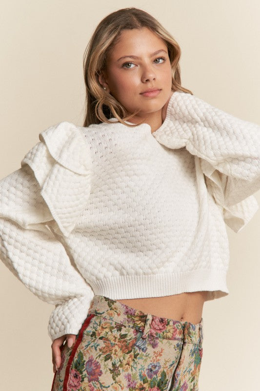 Tiered Ruffle Long Sleeve Sweater Top Cream