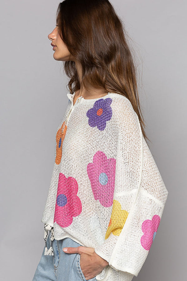 Rib Placket Flower Print Lightweight Sweater Ivory