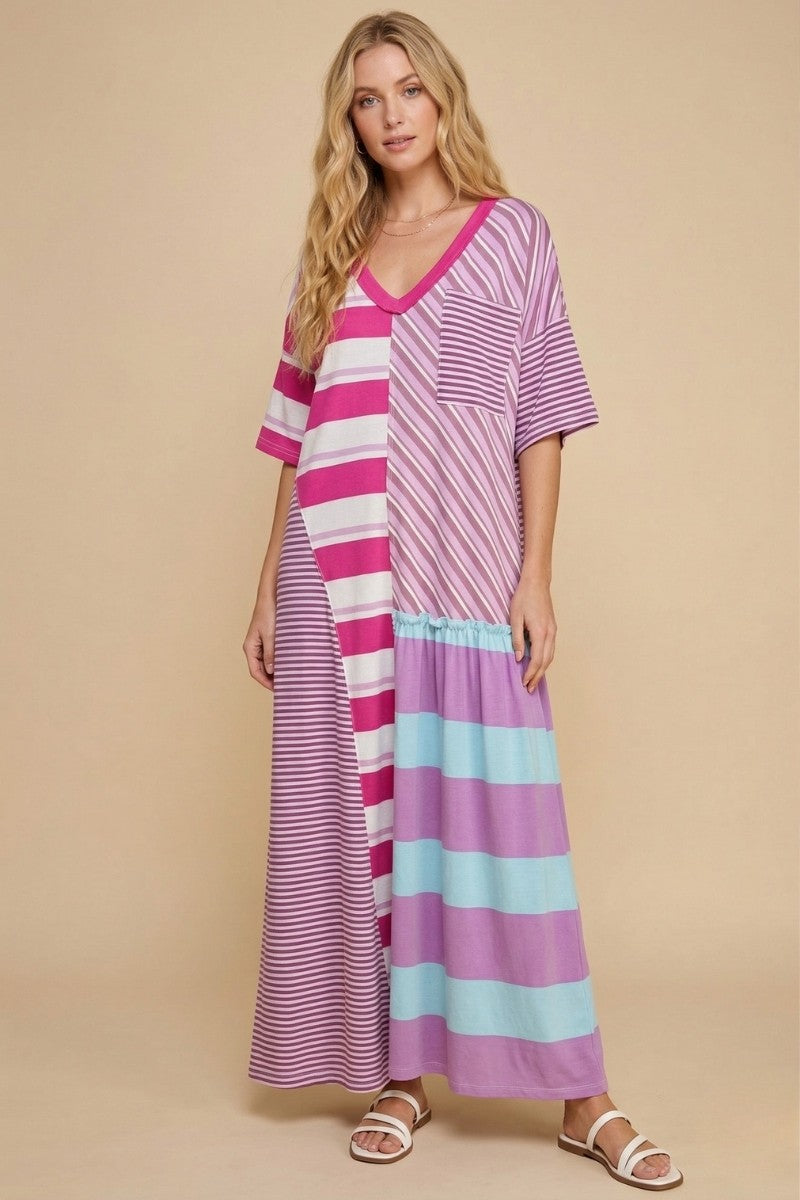 Mixed-stripe Patchwork Maxi Dress Purple