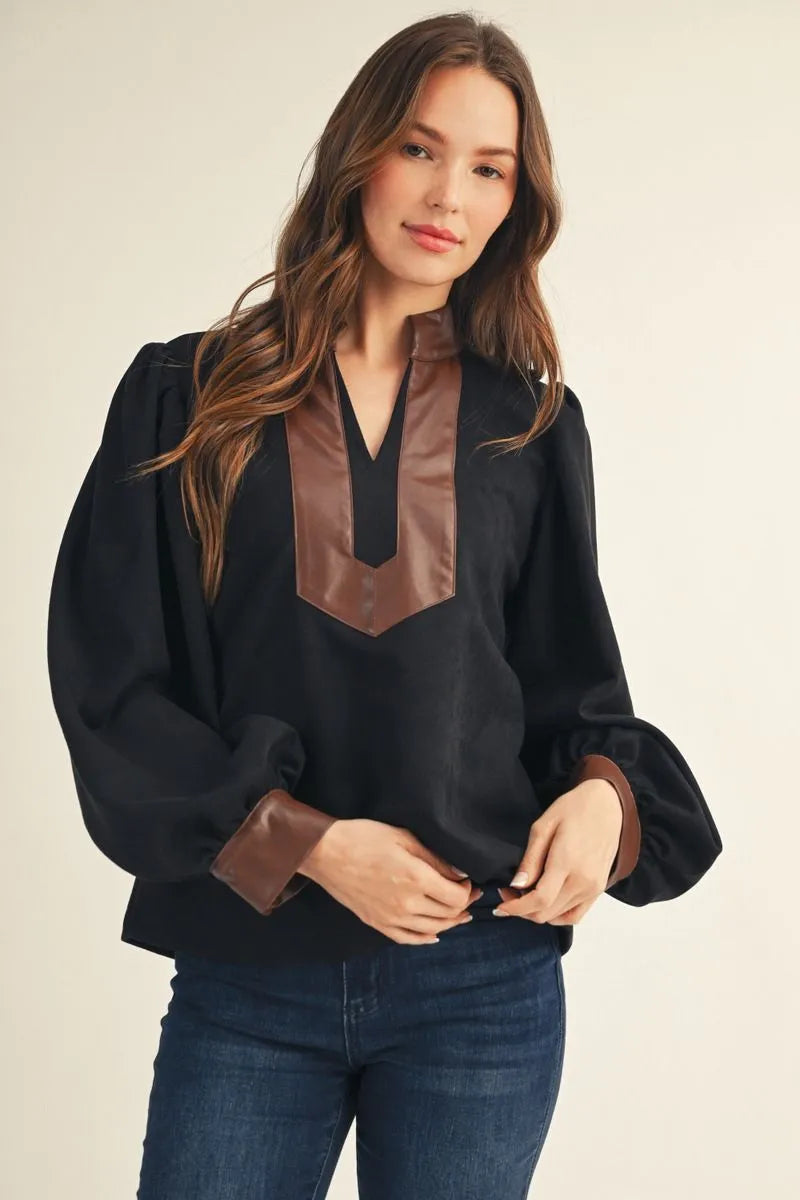 Long Puff Sleeves Faux Suede Top Black - Southern Fashion Boutique
