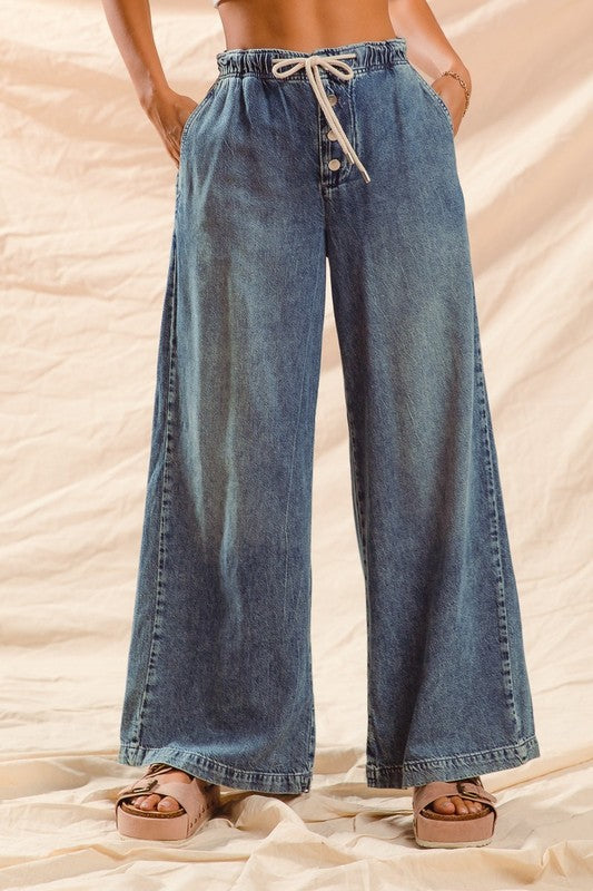 Wide Leg Pants With Drawstring Denim