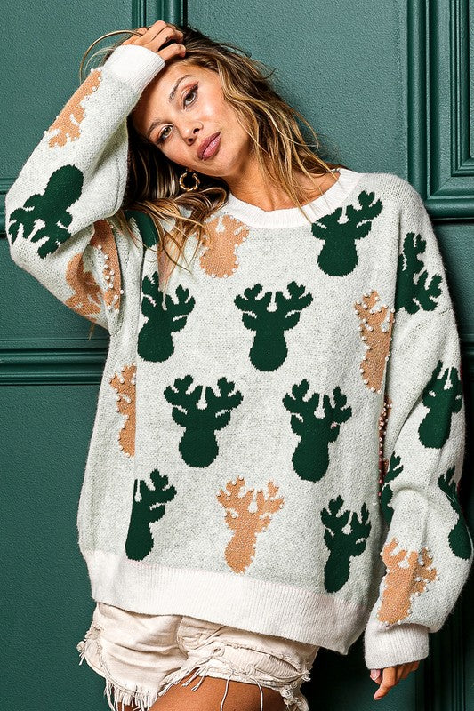 Pearl Rudolph Christmas Sweater Ivory/Hunter