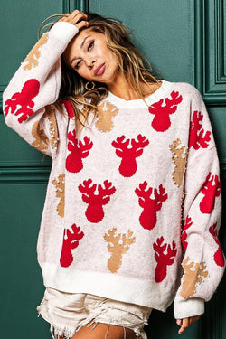 Pearl Rudolph Christmas Sweater Ivory/Red