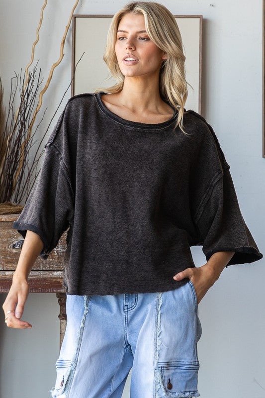 Washed Knit Relaxed Crop Top Black
