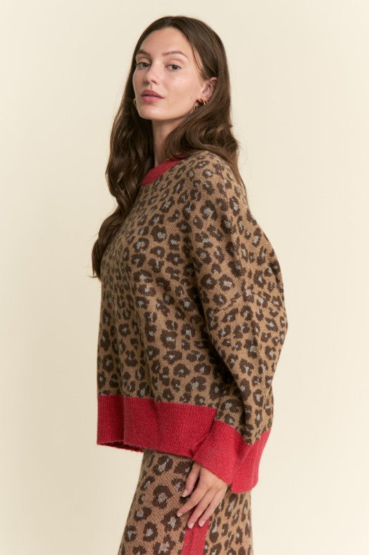 Multi Color Knit Sweater Top Leopard Brown